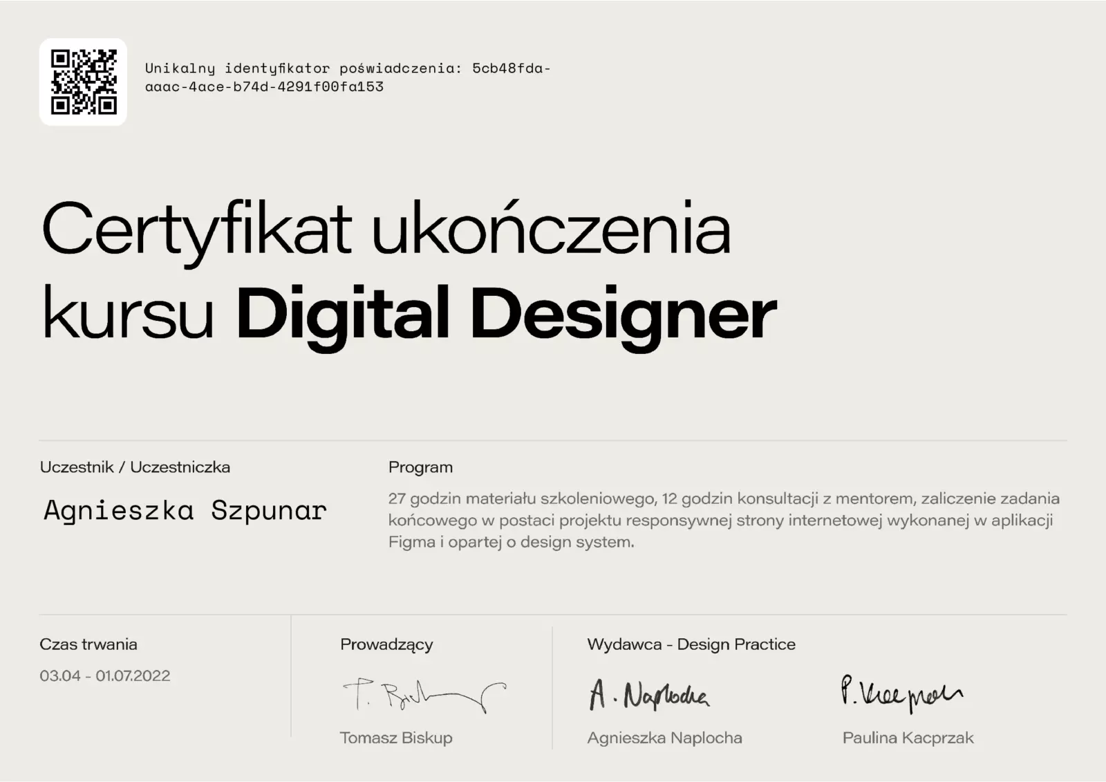 Agnieszka Szpunar - certyfikat Digital Designer