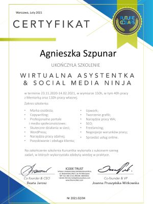 certyfikat Agnieszka Szpunar
